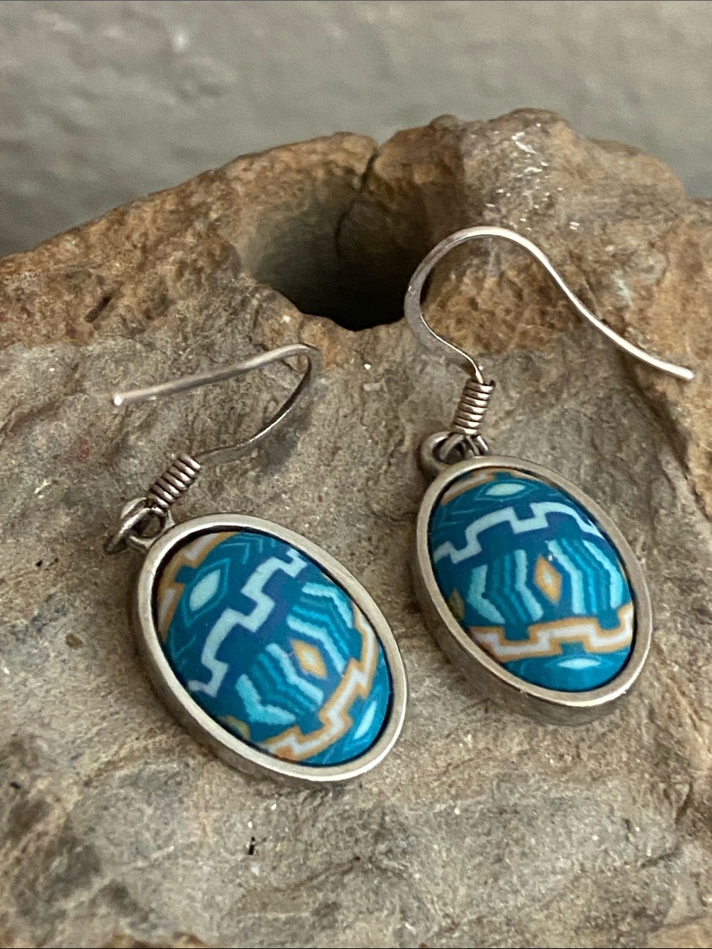 JILZARAH Blue Patterned Oval Drop Hook Earrings